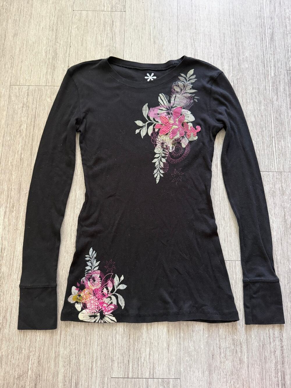Vintage Y2k Roxy Floral Graphic Waffle Knit Long Sleeve